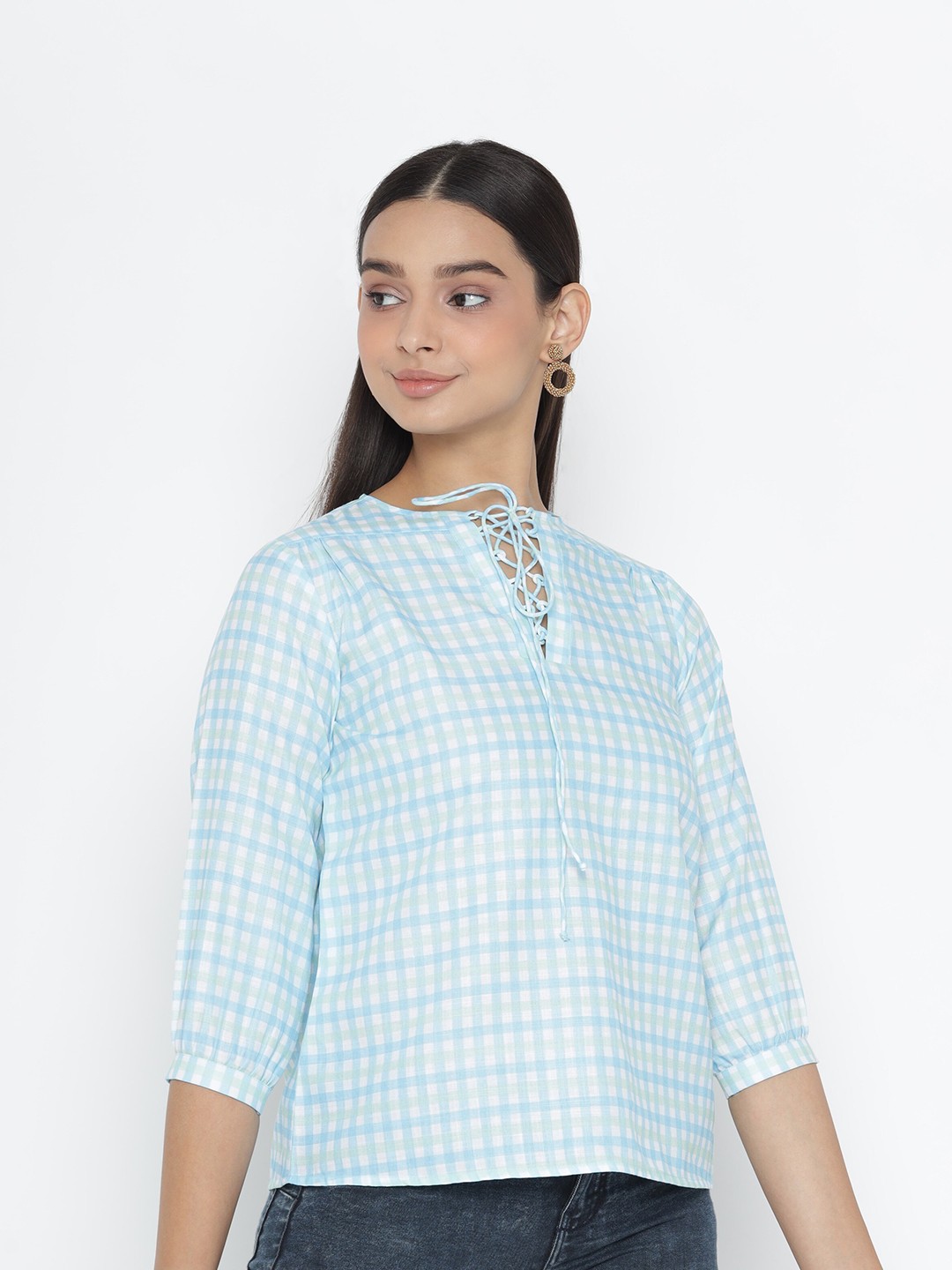 

SEW YOU SOON White Checked Mandarin Collar Boxy Top