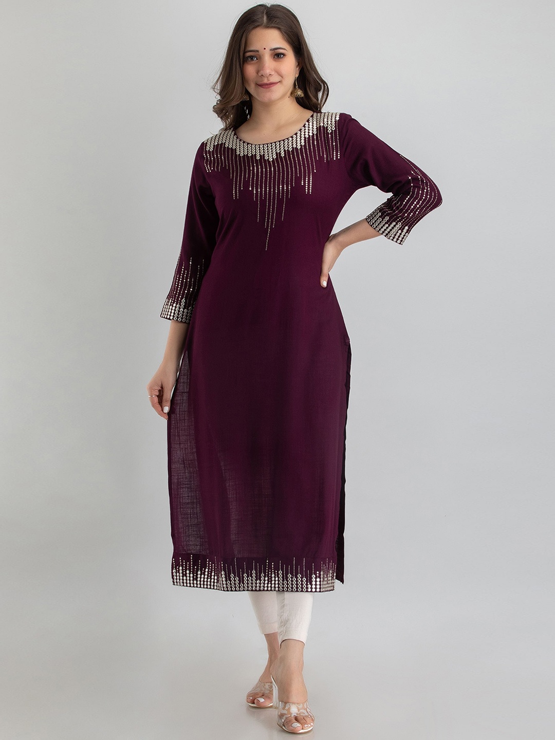 

ADORRO Women Violet Embroidered straight Kurta