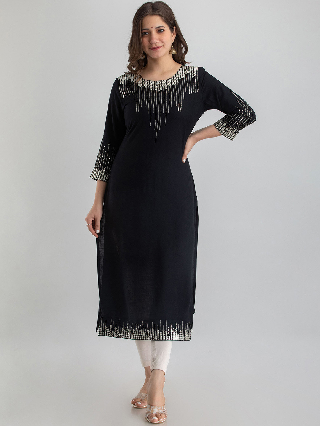

ADORRO Women Black Geometric Embroidered Mirror Work Kurta