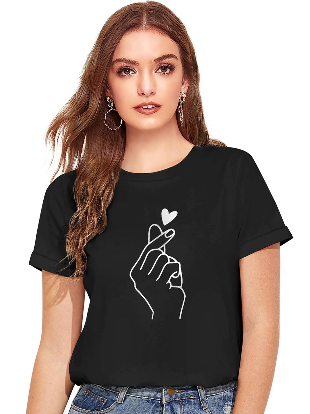 

Risirioutfit Women Black Printed Regular Fit T-shirt