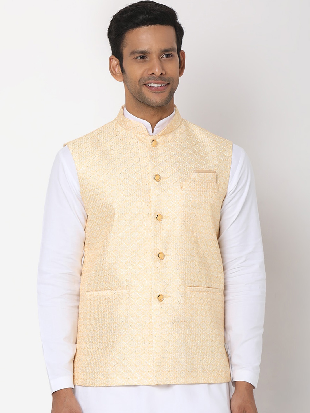 

SALWAR STUDIO Men Beige Digital Printed Woven Nehru Jacket