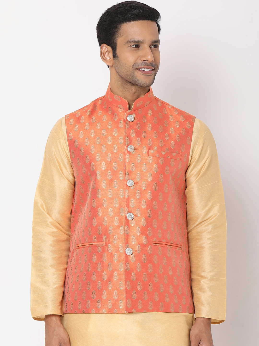 

SALWAR STUDIO Men Orange & Gold Art Silk Jacquard Nehru Jacket