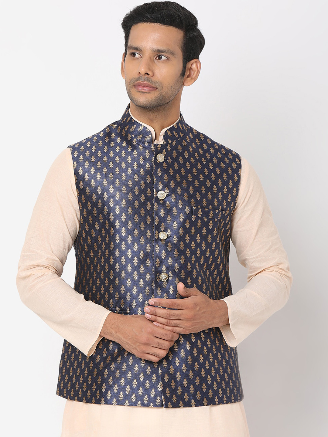 

SALWAR STUDIO Men Navy-Blue & Golden Embellished Woven Nehru Jacket