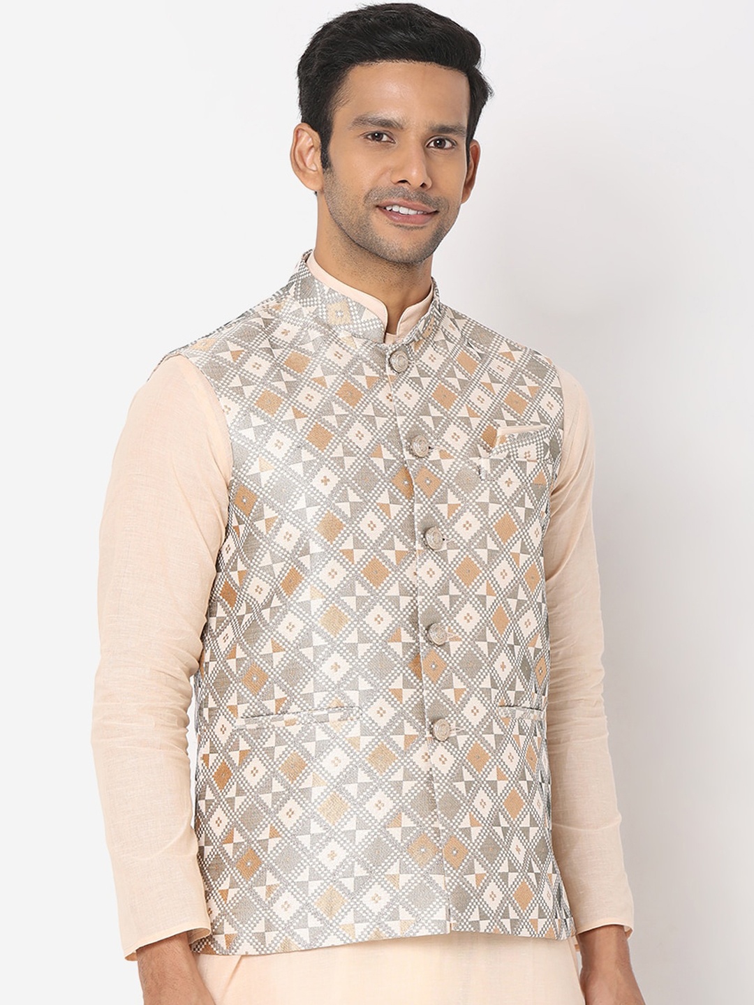 

SALWAR STUDIO Men Grey Printed Woven Nehru Jackets