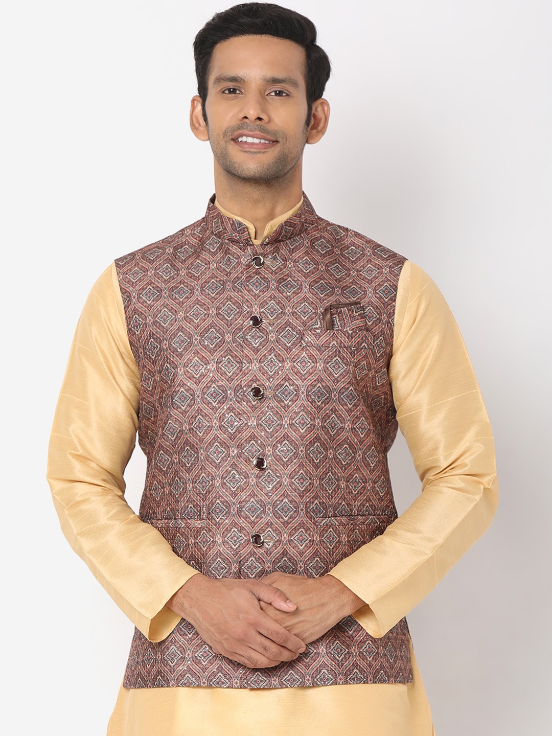 

SALWAR STUDIO Men Brown Printed Art Silk Nehru Jackets