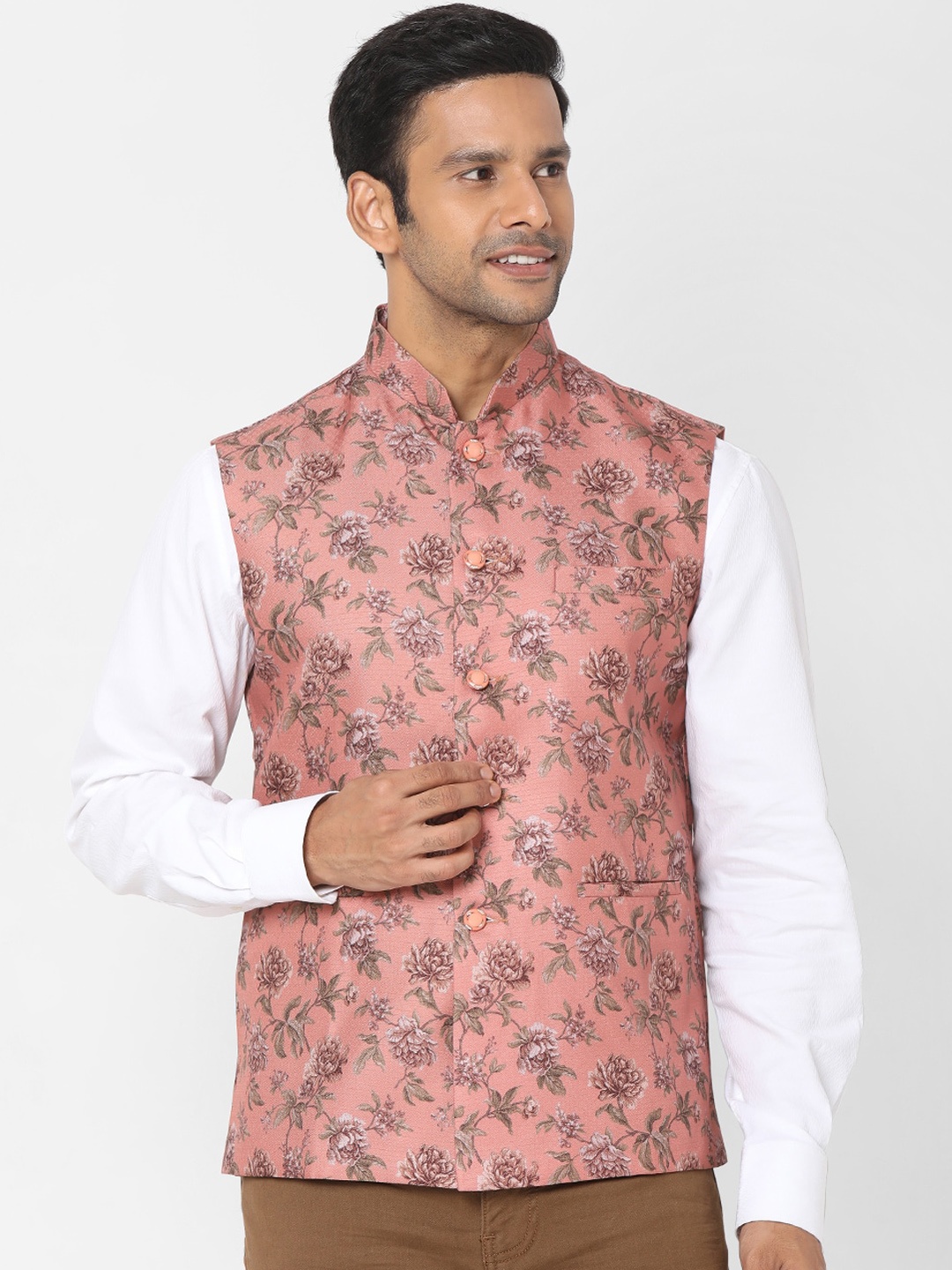 

SALWAR STUDIO Men Peach-Coloured & Brown Digital Printed Woven Nehru Jacket