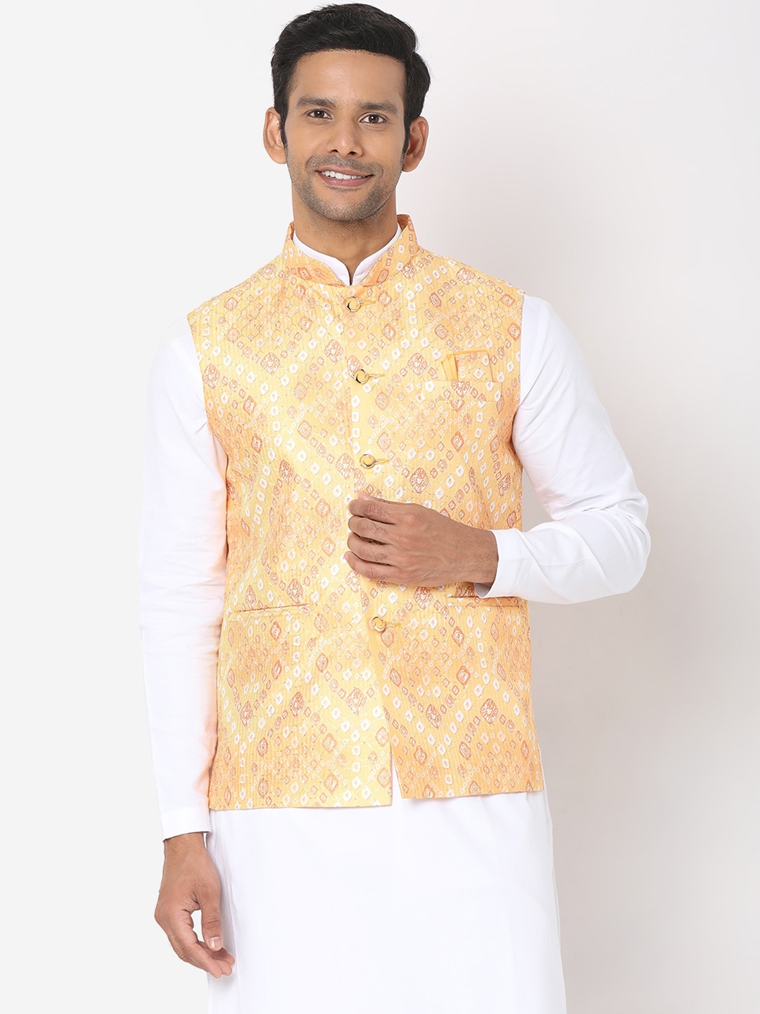 

SALWAR STUDIO Men Yellow Woven-Design Printed sleeveless Nehru Jacket