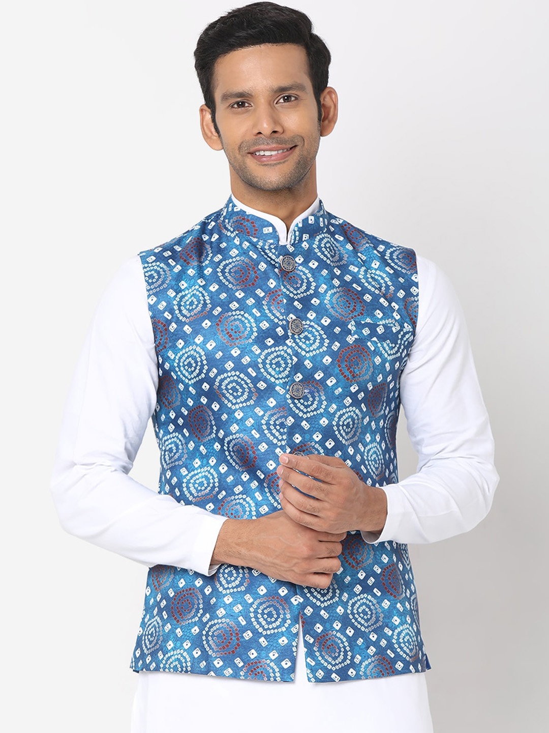 

SALWAR STUDIO Men Blue & White Digital Printed Woven Sleeveless Nehru Jacket