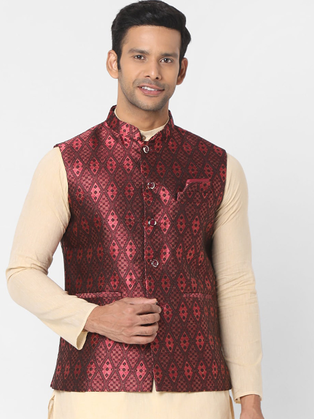 

SALWAR STUDIO Men Maroon Woven Design Nehru Jackets