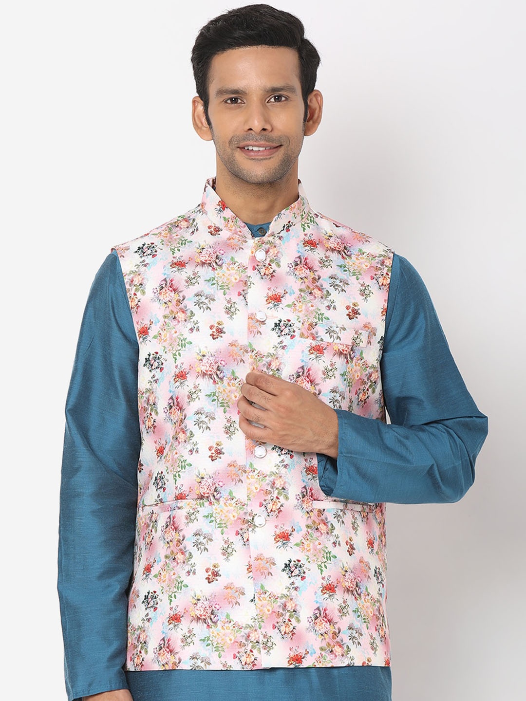 

SALWAR STUDIO Men Pink & White Floral Printed Art Silk Nehru Jackets