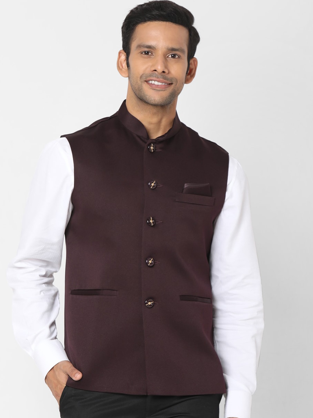 

SALWAR STUDIO Men Brown Solid Nehru Jackets