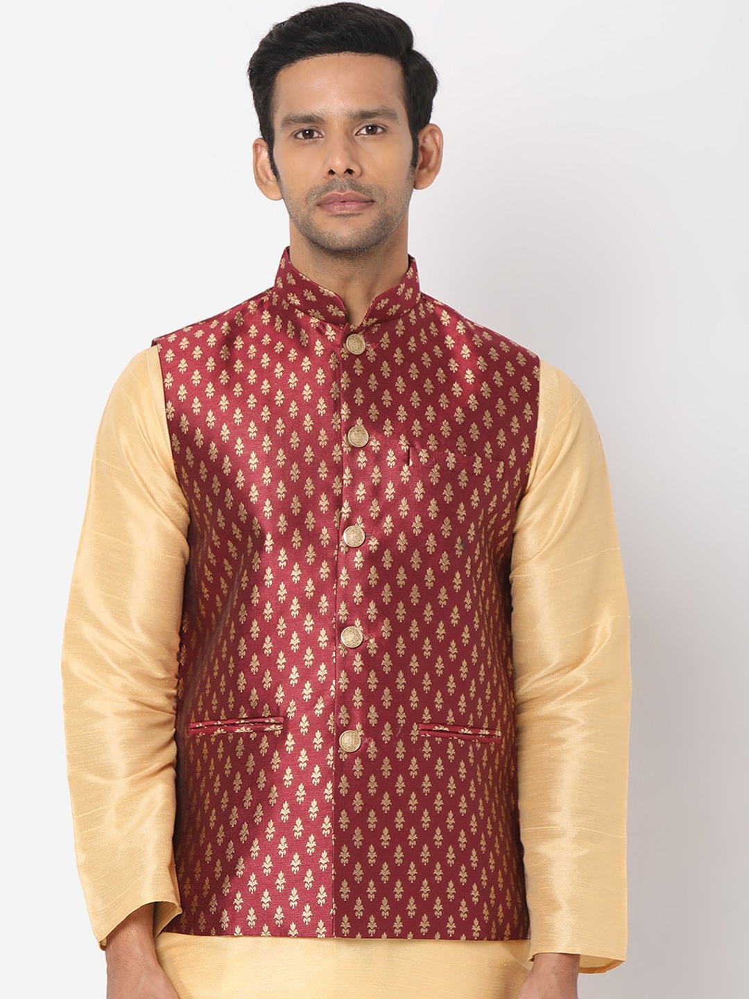 

SALWAR STUDIO Men Maroon Jacquard Nehru Jackets