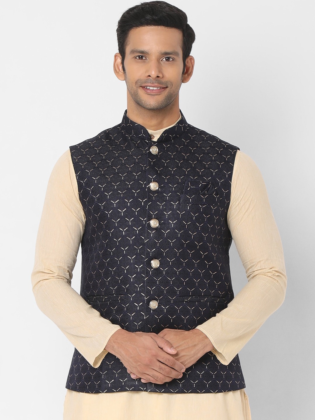 

SALWAR STUDIO Men Navy Blue Embellished Nehru Jackets