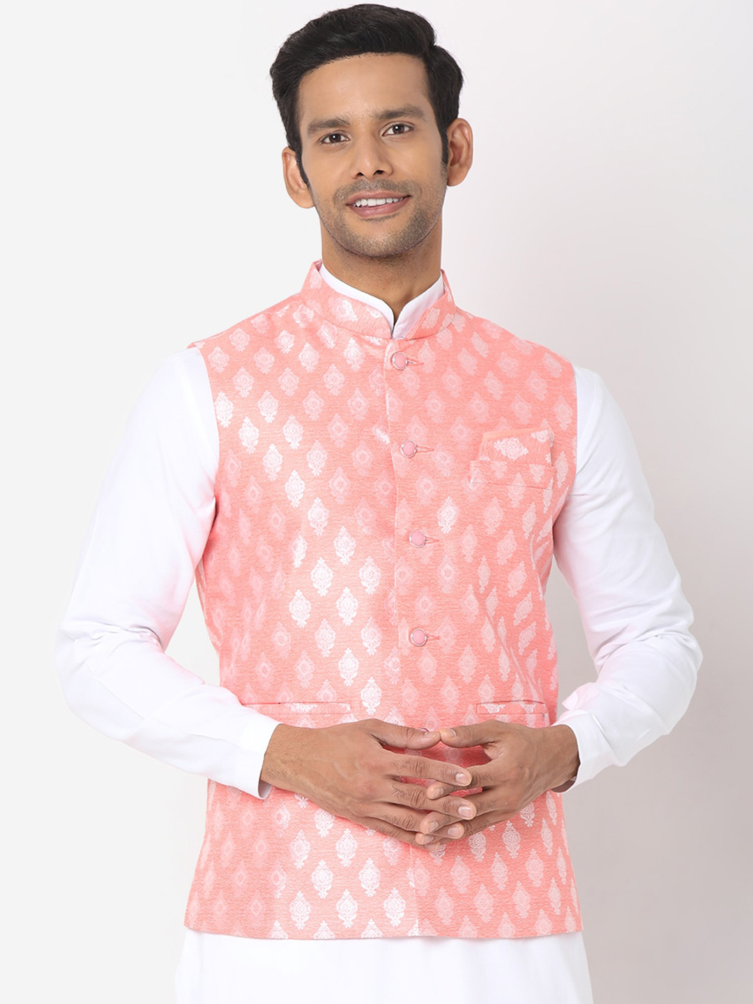 

SALWAR STUDIO Men Peach-Coloured & Silver-Coloured Woven Design Nehru Jackets