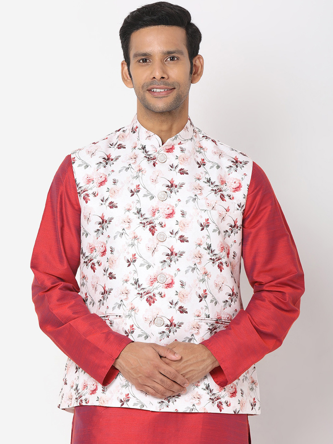 

SALWAR STUDIO Men White & Red Art Silk Printed Nehru Jackets