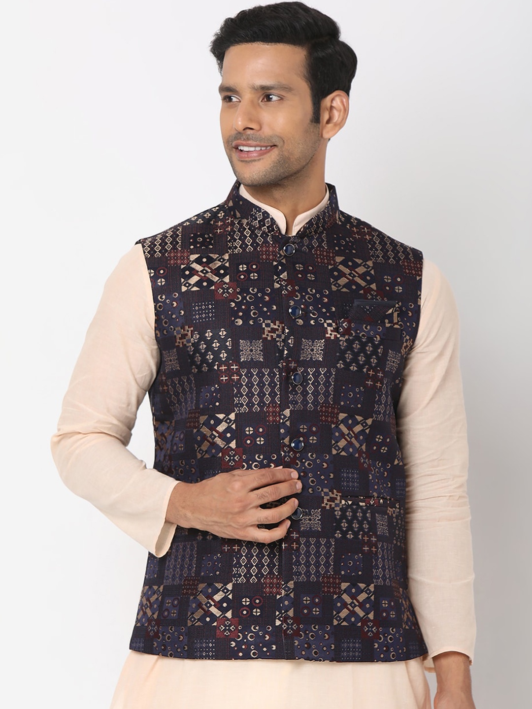 

SALWAR STUDIO Men's Navy Blue & Gold-Coloured Woven Design Nehru Jackets