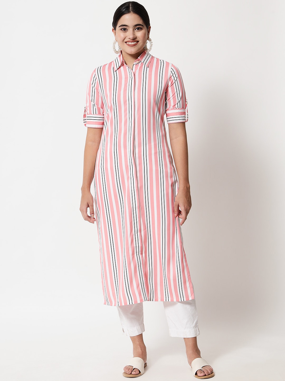 Yaadleen Women Coral Striped Thread Work Crepe Pathani Kurta