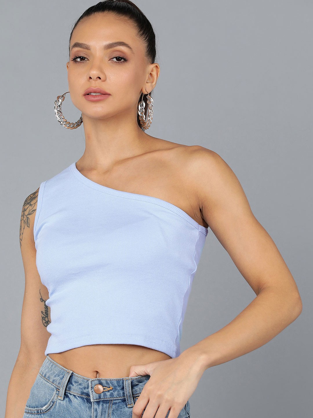 

Rock Paper Scissors Women Blue One Shoulder Crop Top