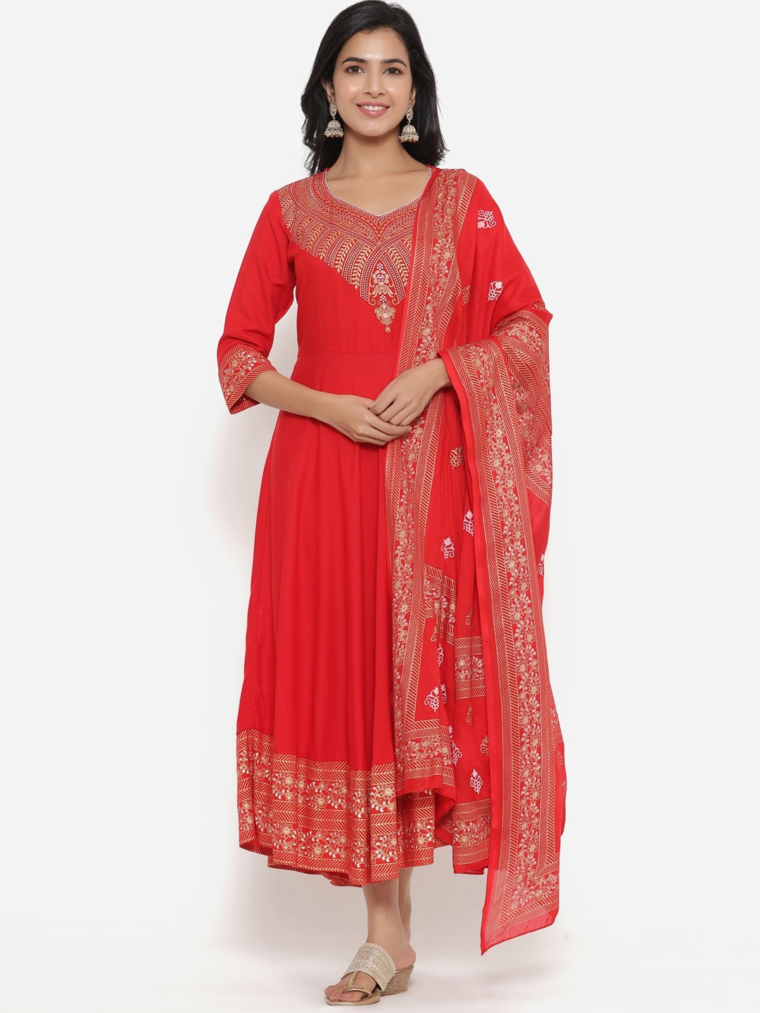 

SBR BABA KURTI Women Red Ethnic Motifs Printed Anarkali Kurta with Duppata