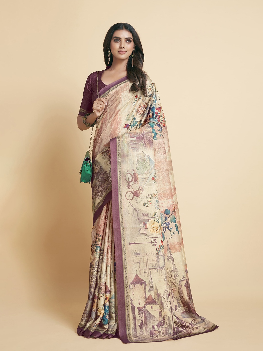 

Sangria Beige & Blue Floral Silk Blend Saree