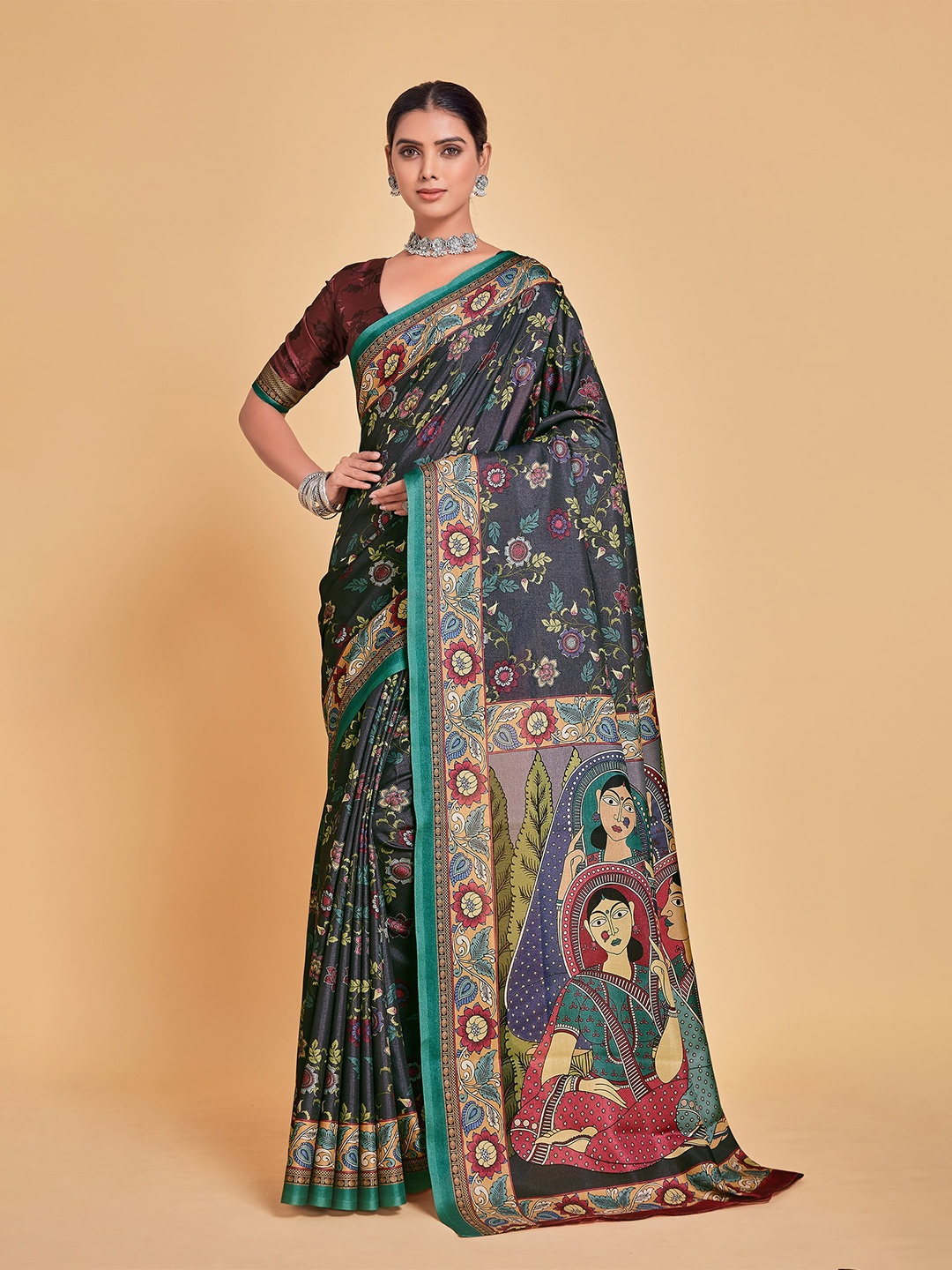 

Sangria Steel & Olive Green Ethnic Motifs Zari Silk Blend Saree