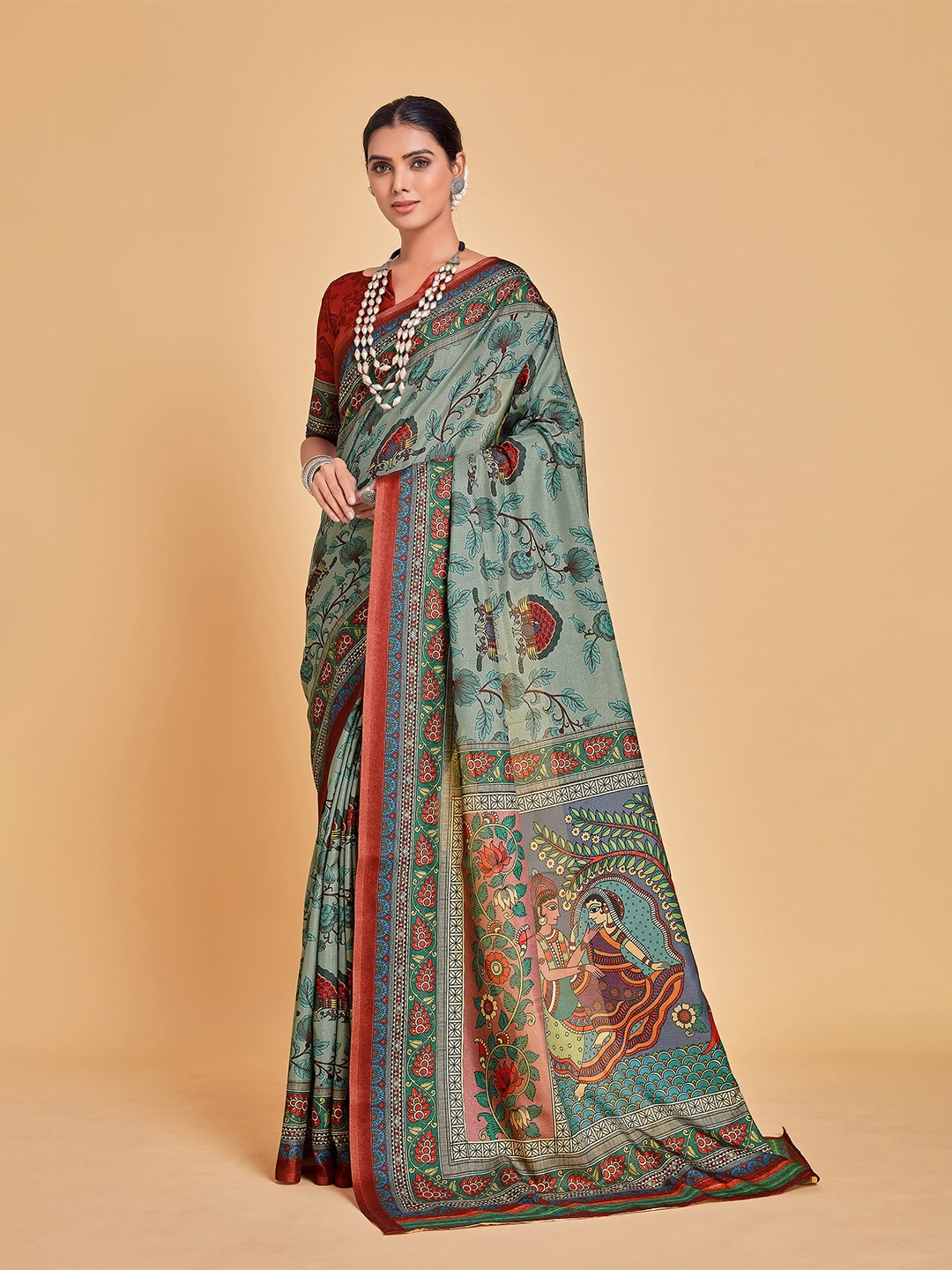 

Sangria Blue & Red Floral Silk Blend Saree