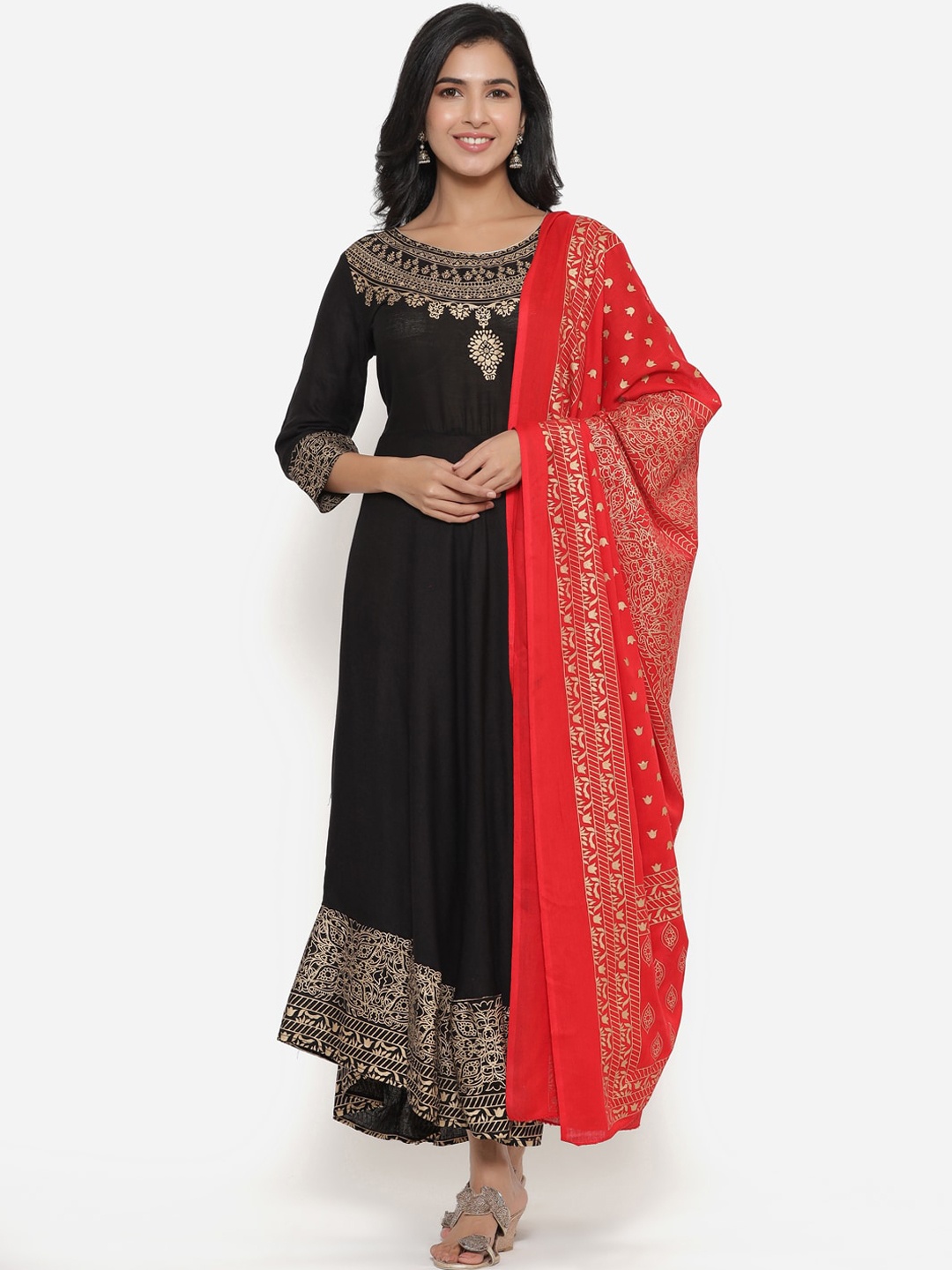 

SBR BABA KURTI Women Black Ethnic Motifs Printed Mirror Work Anarkali Kurta
