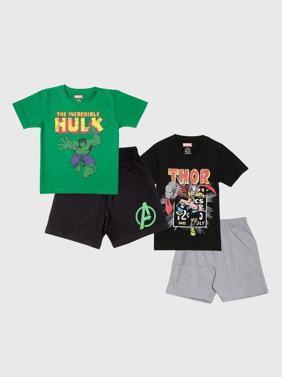 

Nap Chief Kids Set Of 2 Thor & Hulk Printed Pure Cotton Night Suits, Black
