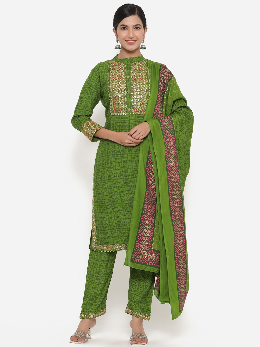 

SBR BABA KURTI Women Green Embroidery Mirror Work Kurta with Trouser & Dupatta