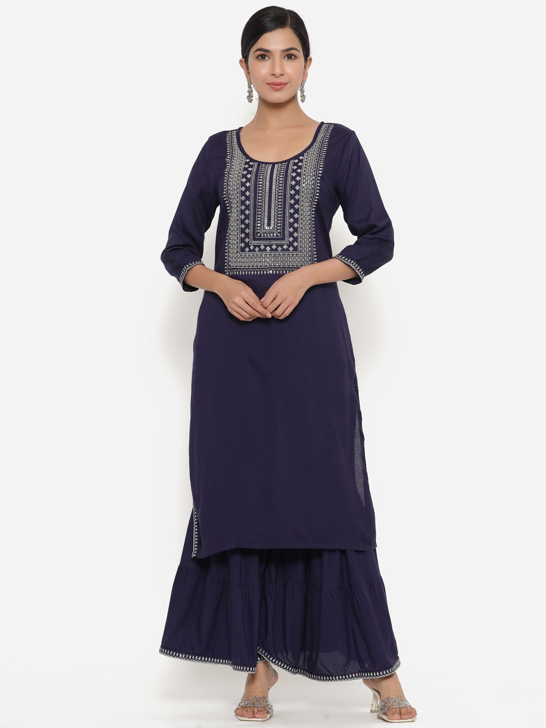 

SBR BABA KURTI Women Blue Ethnic Motifs Embroidered Kurta with Sharara