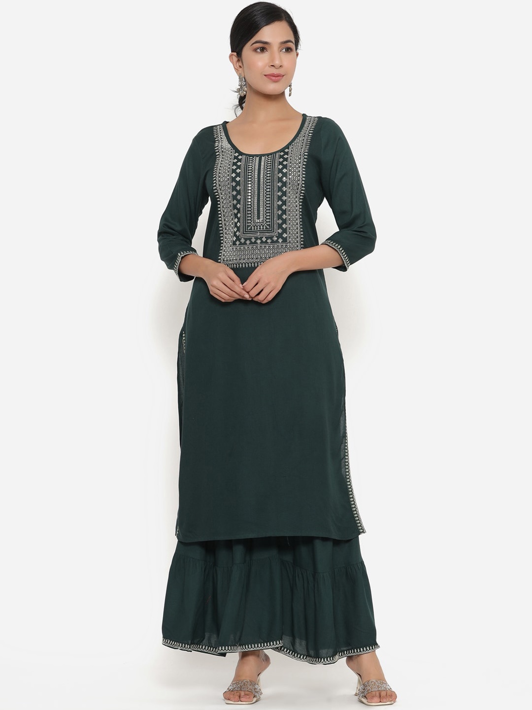 

SBR BABA KURTI Women Green Ethnic Motifs Kurti with Sharara