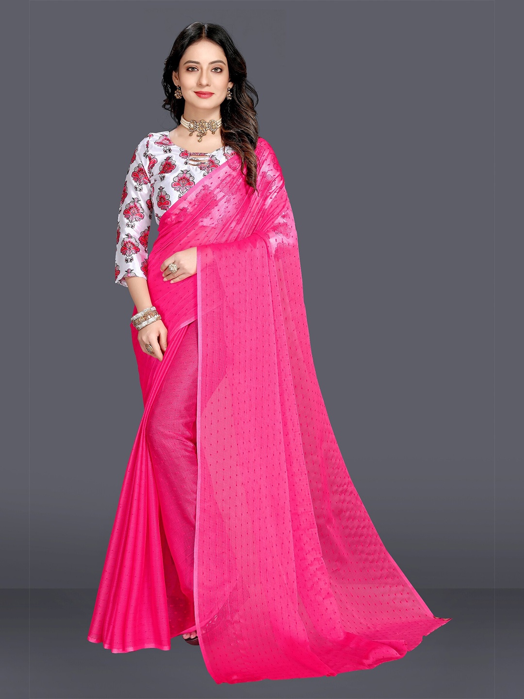 

Chiffon Embroidered Saree With Satin Digital Printed Blouse, Pink