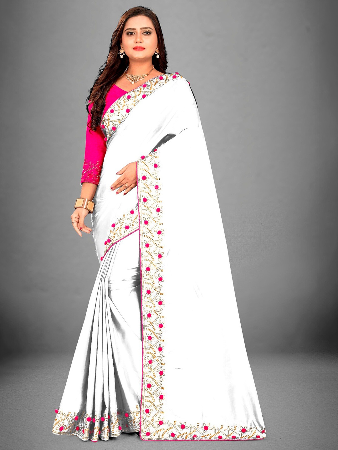 

M Venture White & Pink Embellished Embroidered Silk Blend Sungudi Saree