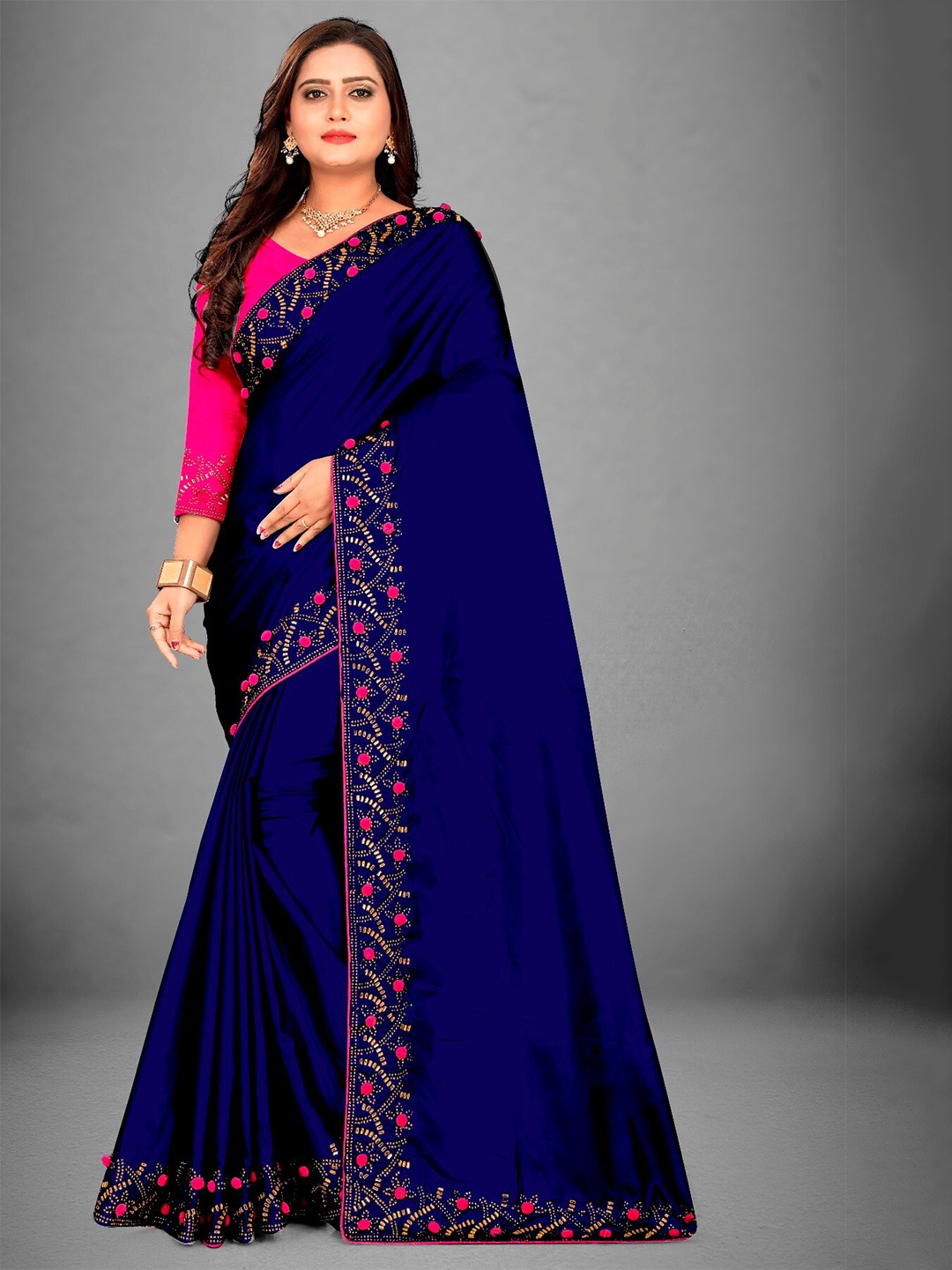 

M Venture Blue & Red Embellished Embroidered Silk Blend Sungudi Saree