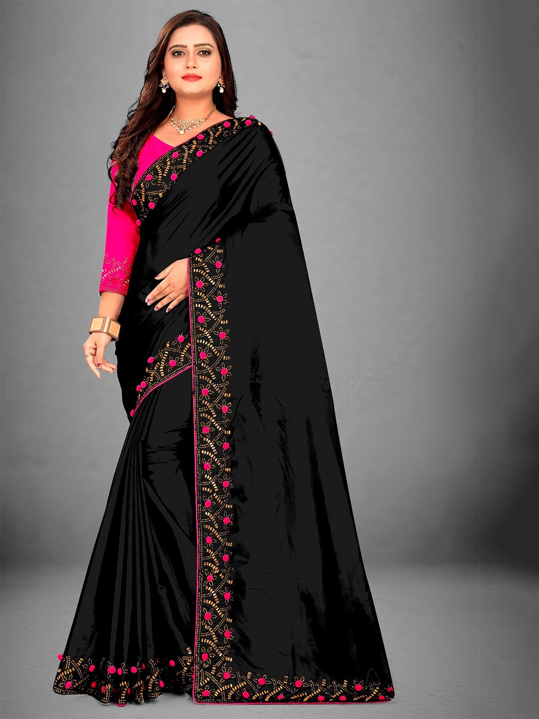 

M Venture Black & Pink Silk Blend Sungudi Saree