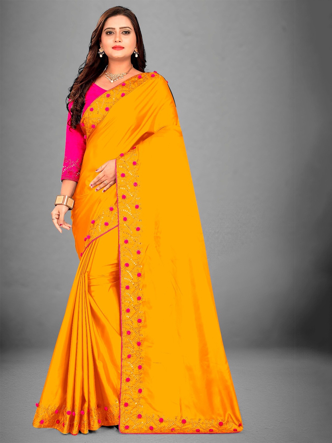 

M Venture Women Yellow & Pink Embellished Silk Blend Sungudi Saree