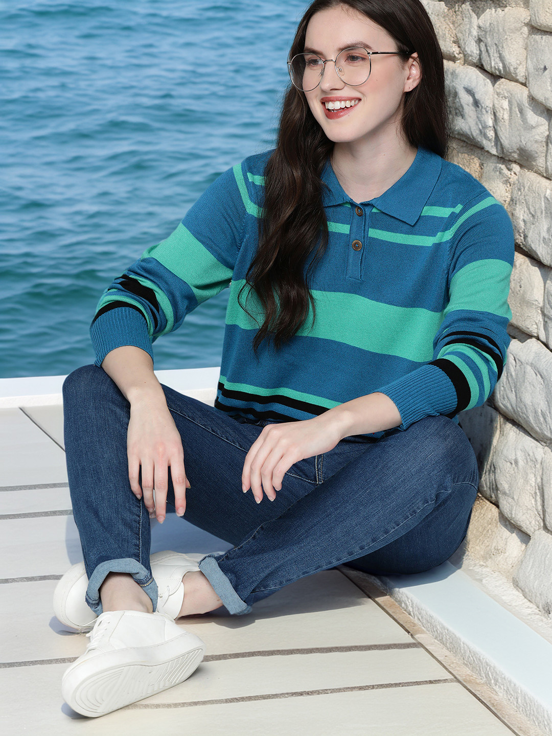 

Mast & Harbour Women Blue & Green Striped Pullover