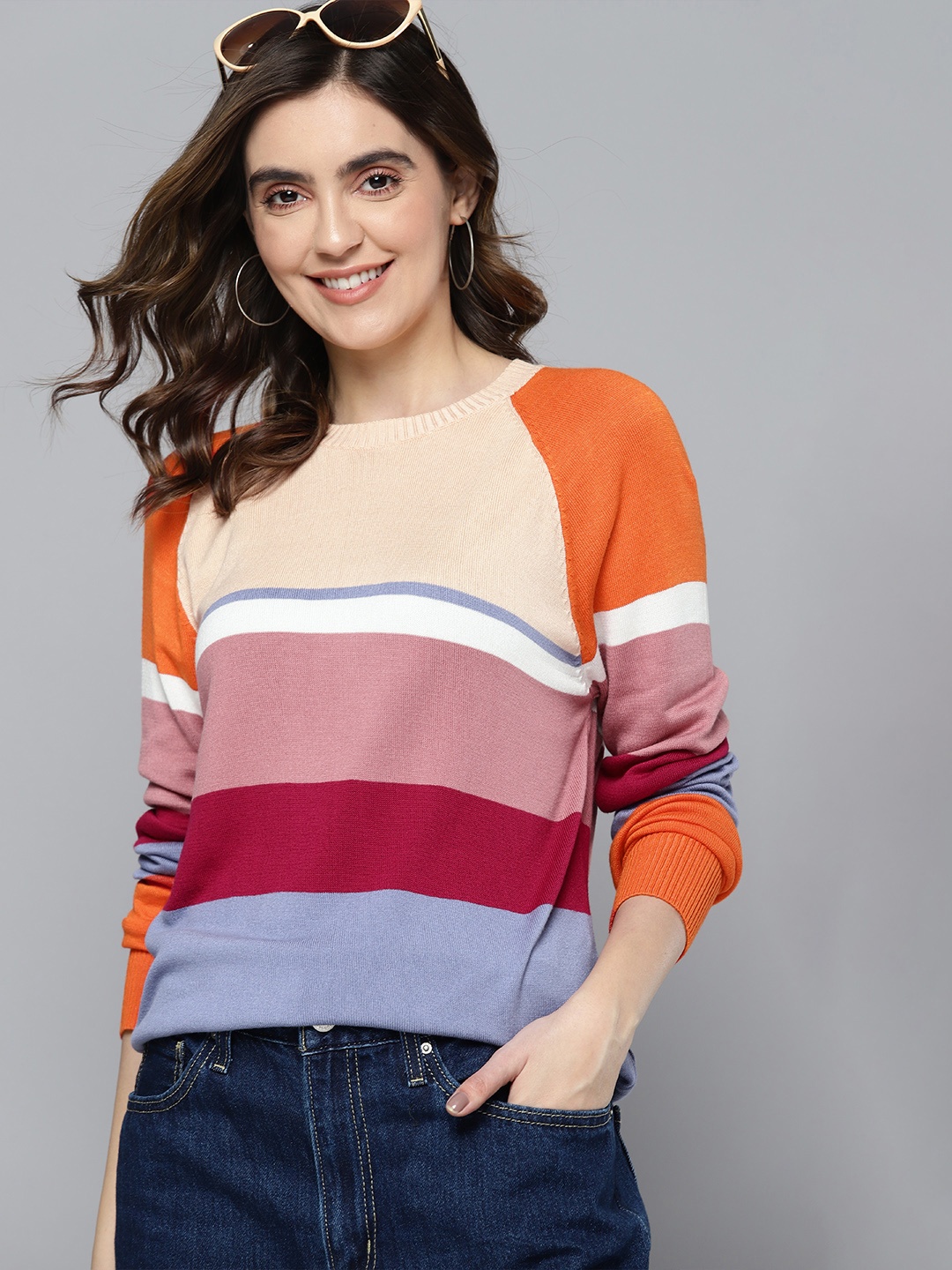 

Mast & Harbour Women Raglan Sleeve Striped Pullover, White