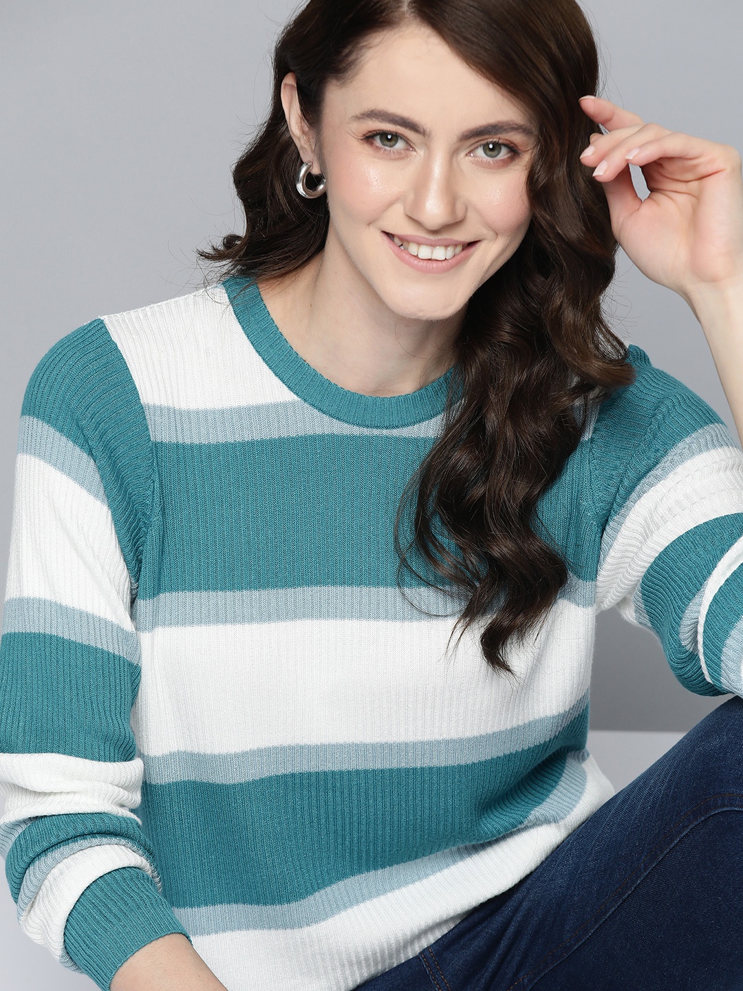

Mast & Harbour Women White & Teal Green Striped Acrylic Pullover
