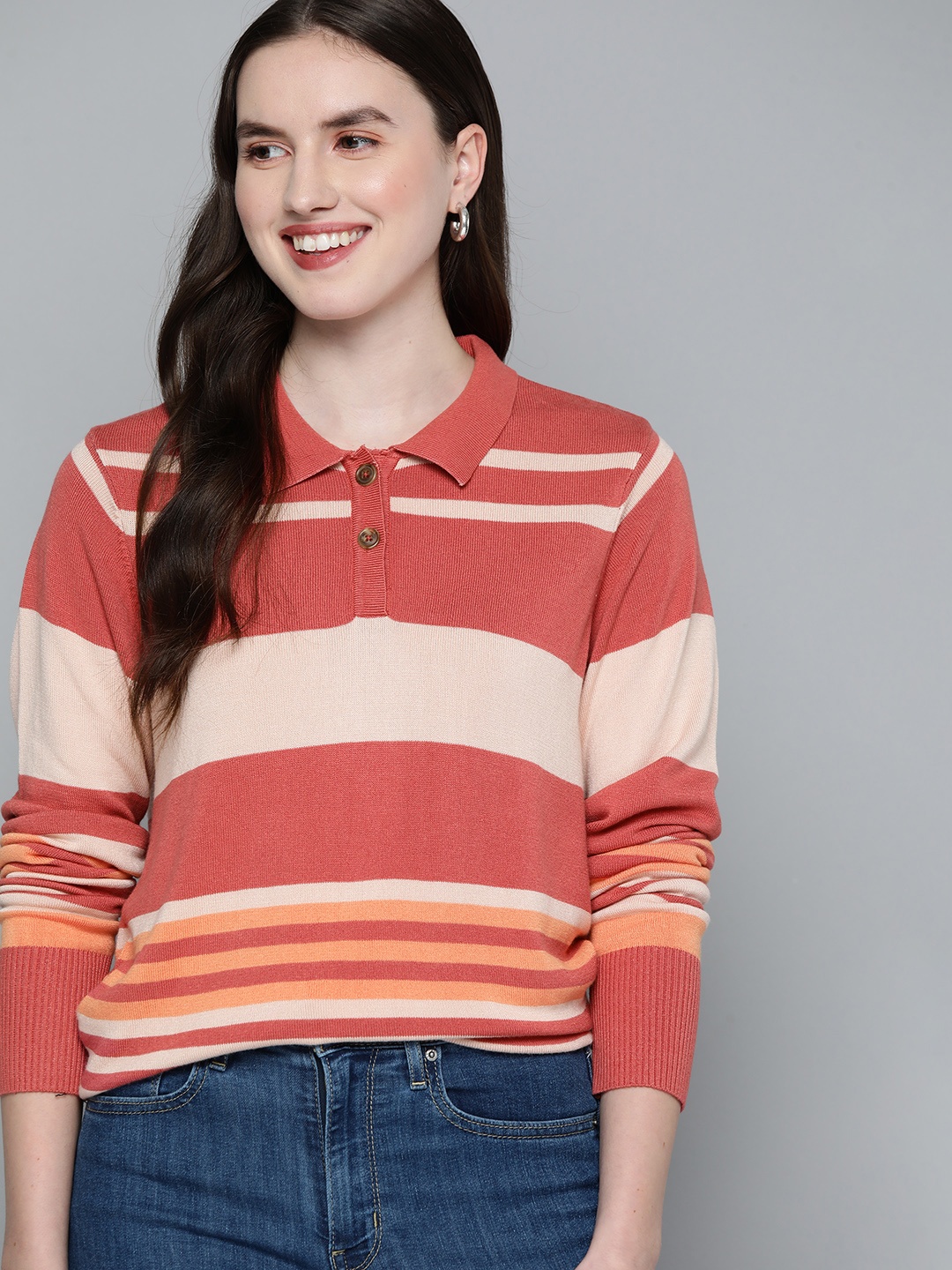 

Mast & Harbour Women Dusty Pink Striped Pullover, Rose