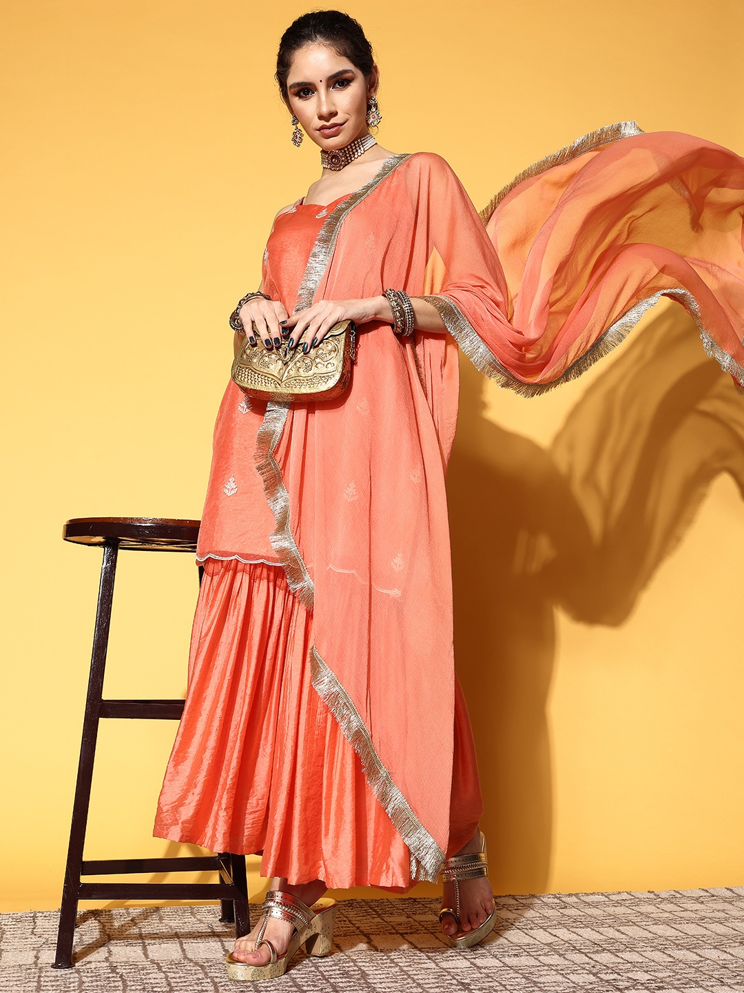 

Varanga Women Ethnic Motifs Organza Spaghetti Straps Kurta Set, Coral