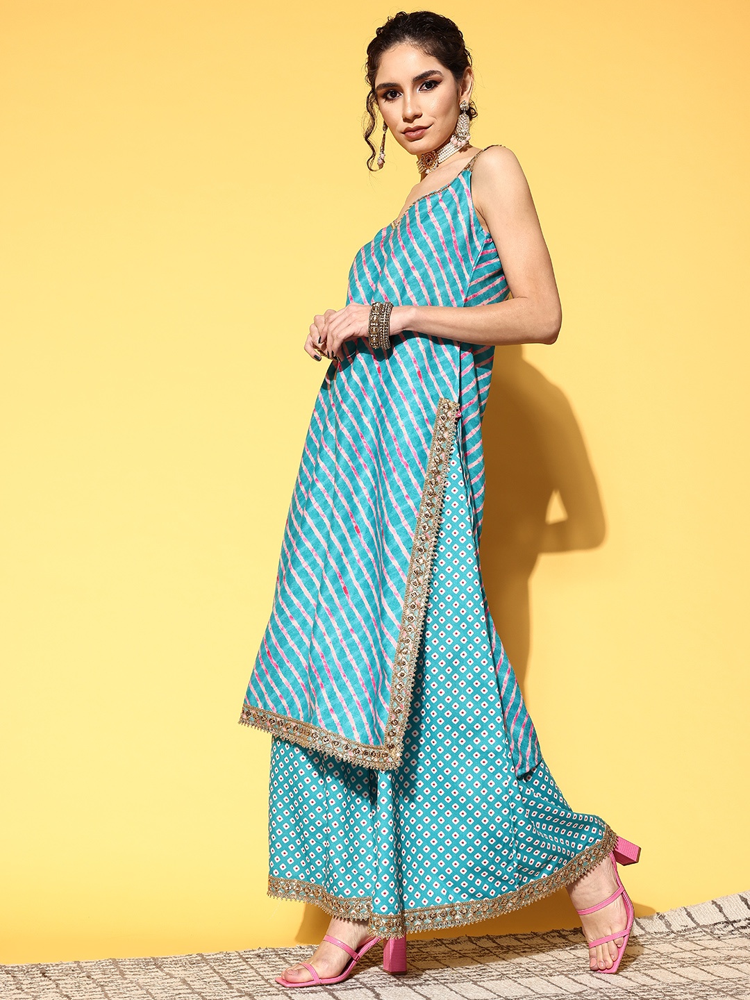 

Varanga Women Turquoise Blue Leheriya Striped Mirror Work Kurta with Palazzos & Dupatta