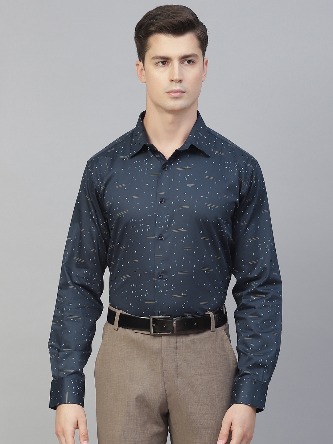 

MANQ Men Navy Blue Smart Printed Semiformal Shirt