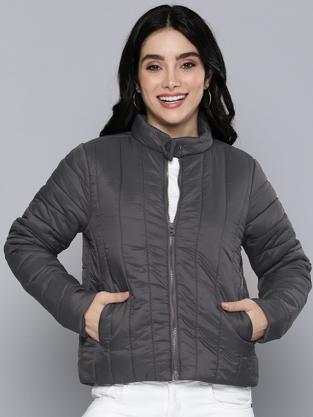 

Mast & Harbour Women Charcoal Grey Solid Lightweight Padded Jacket