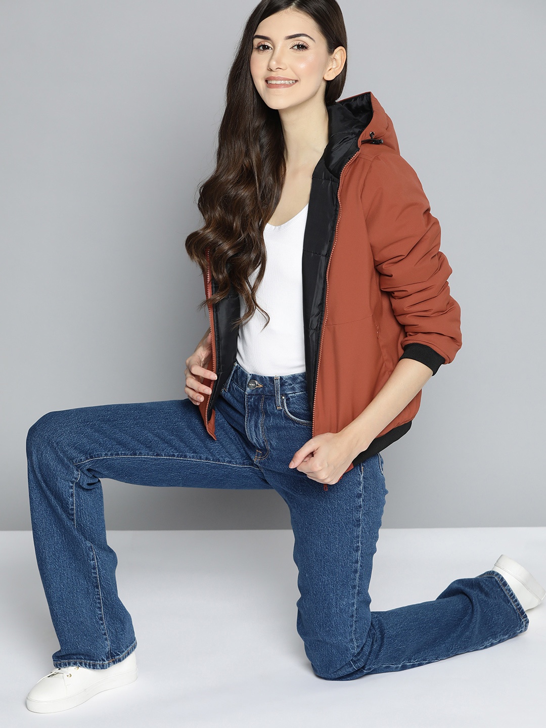 

Mast & Harbour Women Rust Orange Solid Hooded Padded Jacket
