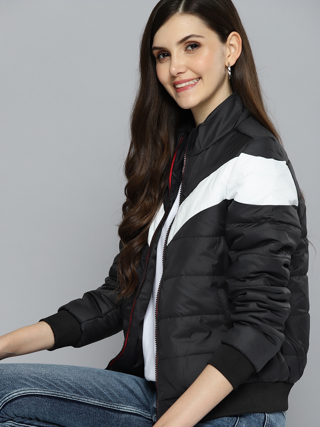 

Mast & Harbour Women Black & White Colourblocked Padded Jacket