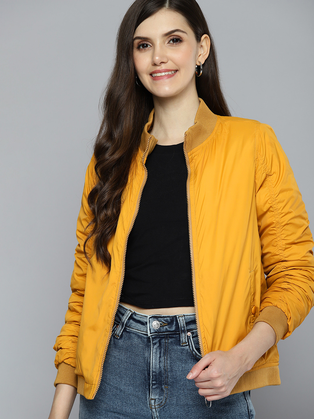 

Mast & Harbour Women Mustard Yellow Solid Padded Jacket