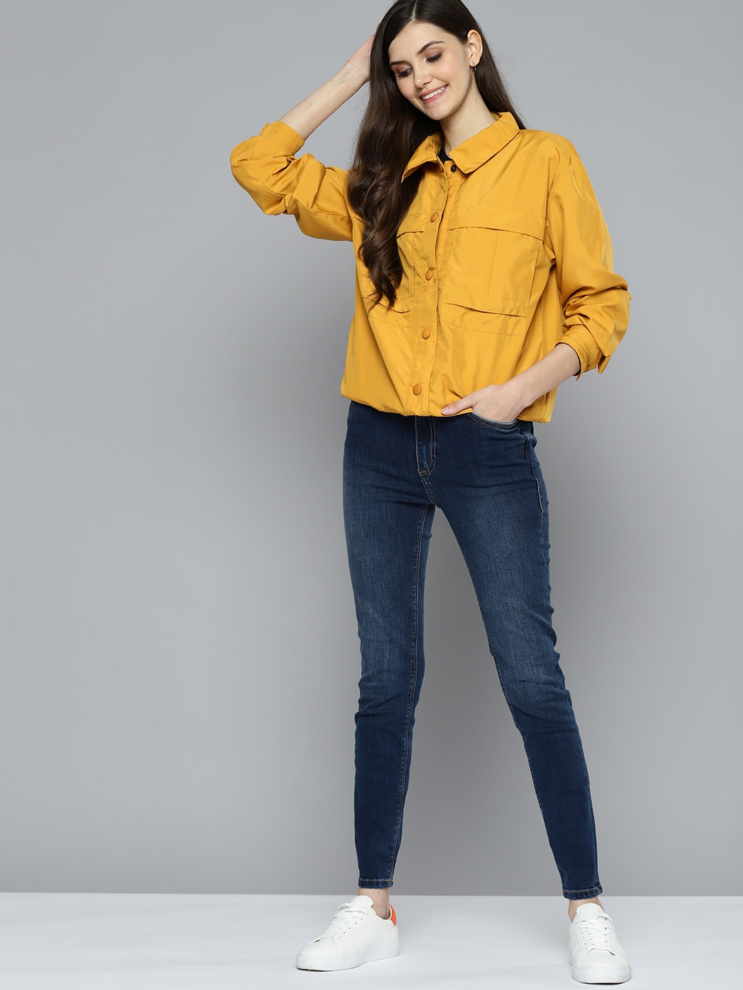 

Mast & Harbour Women Mustard Yellow Solid Tailored Jacket