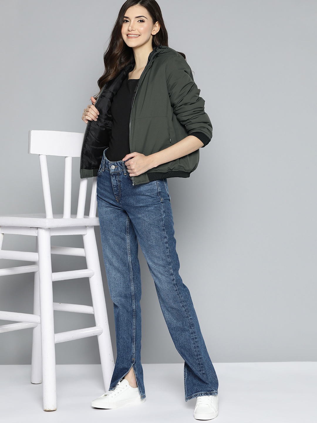 

Mast & Harbour Women Olive Green Solid Hooded Padded Jacket