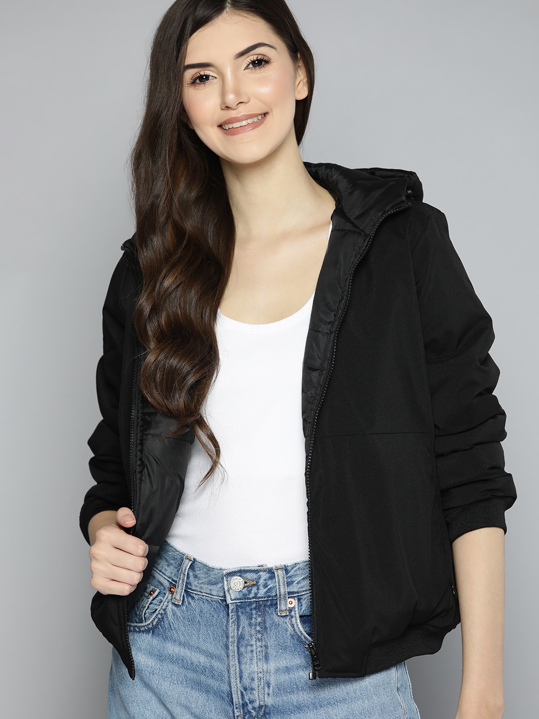 

Mast & Harbour Women Black Solid Hooded Padded Jacket